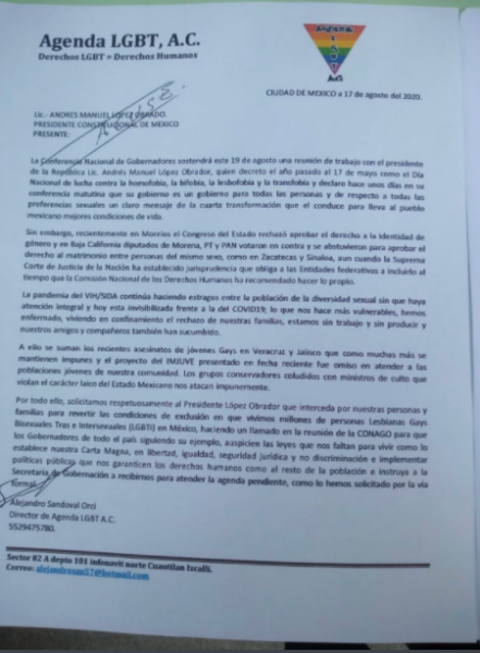 CArta de la organización Agenda LGBT a AMLO
