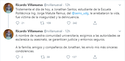 Tuit de Ricardo Villanueva sobre el caso de Jonathan Santos