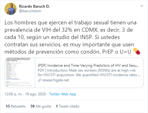 Tuit de Ricardo Barucho sobre trabajo sexual masculino