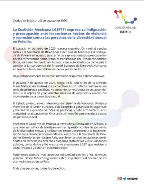 Comunicado de la Coalición Mexicana LGBTTTI sobre la situación de la comunidad LGBT+ en Polonia.