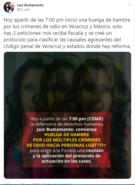 Jazz Bustamante anuncia huelga de hambre