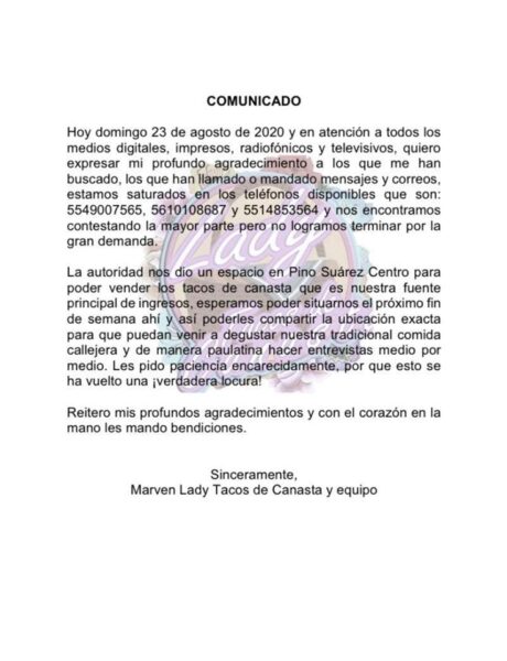 Comunicado de Lady Tacos de Canasta informando sobre su nuevo lugar fijo.