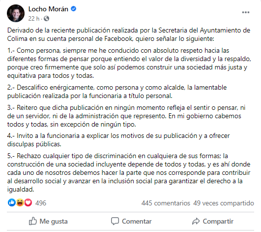Publicación del alcalde de Colima Leoncio Morán