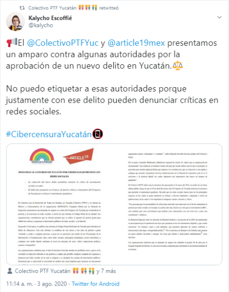 comunicado del colectivo PTFY y Article 19 sobre una posible ley mordaza contra la comunidad LGBTQ+ en Yucatán