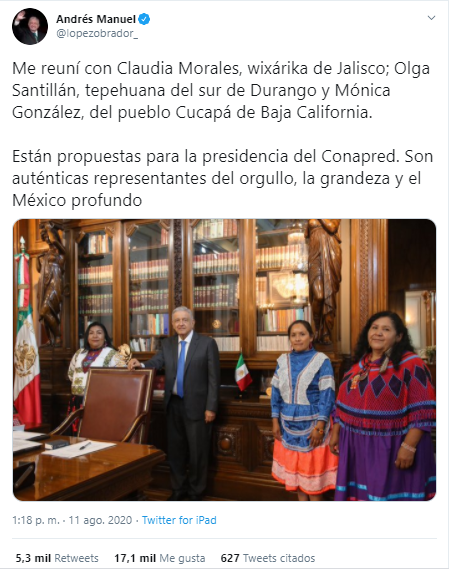 tuit en el que AMLO dio a conocer a las candidatas a la presidencia del Conapred