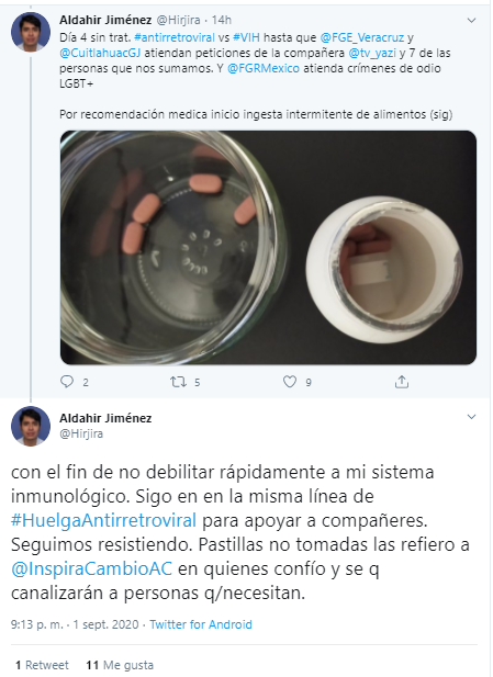 Huelga de antirretrovirales de Aldahir Jiménez contra crímenes de odio