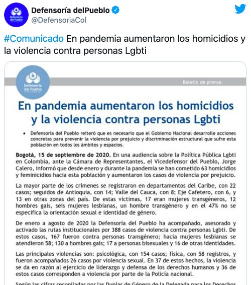Comunicado sobre los asesinatos de personas LGBT+ en Colombia