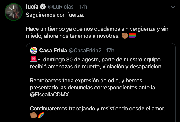 Publicación en Twitter en la que la denunciaron las amenazas recibidas contra Casa Frida.