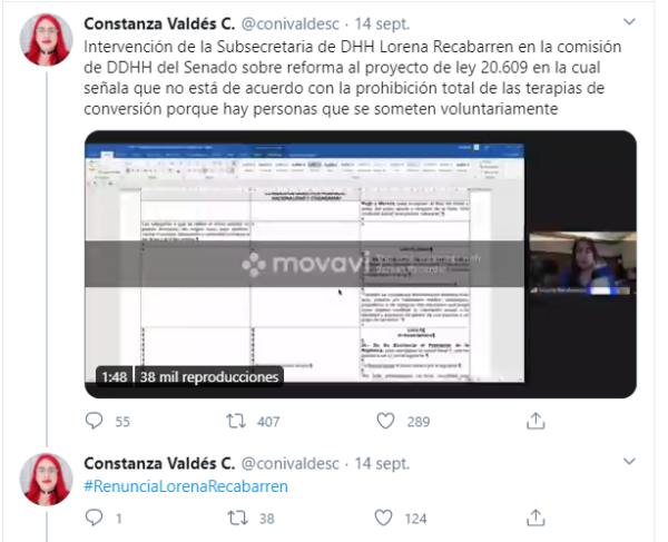 Tuit de la activista Constanza Valdés sobre las declaraciones de Lorena Recabarren