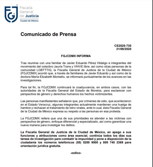 comunicado Fiscalía CDMX sobre crímenes de odio