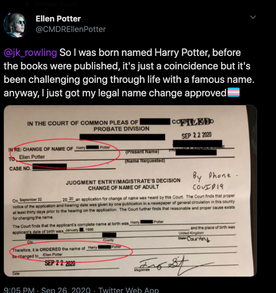 Publicación en Twitter de Harry Potter trans contra JK Rowling.