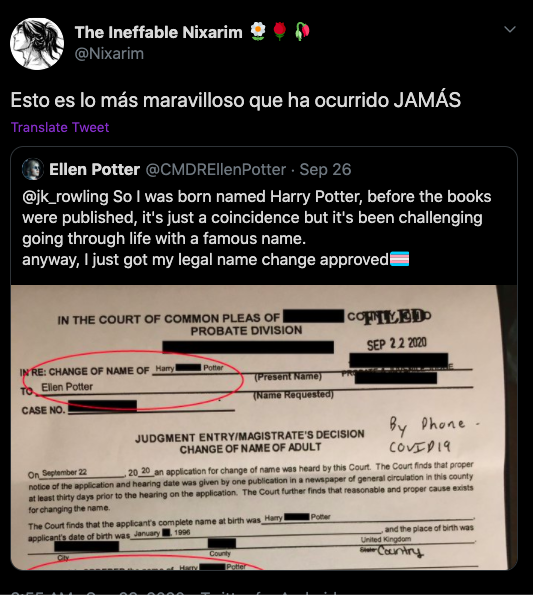 Publicación en Twitter de Harry Potter trans contra JK Rowling