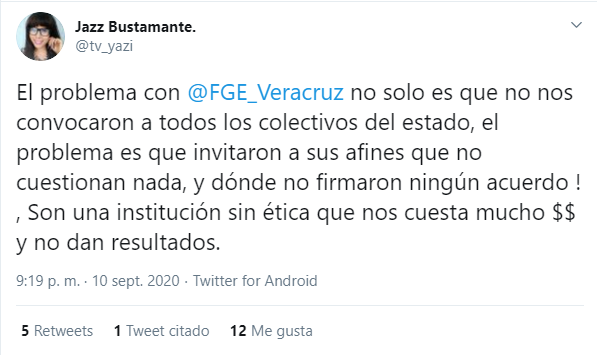Tuit de Jazz Bustamante sobre el incumplimiento de los acuerdos con activistas LGBT+ por parte de la Fiscalía de Veracruz
