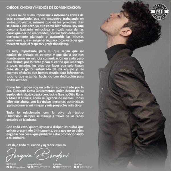 Comunicado en el que Joaquín Bondoni denunció el robo de su canción.