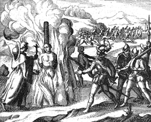 Grabado que muestra cómo se castigaba a la homosexualidad antes de la Independencia de México.