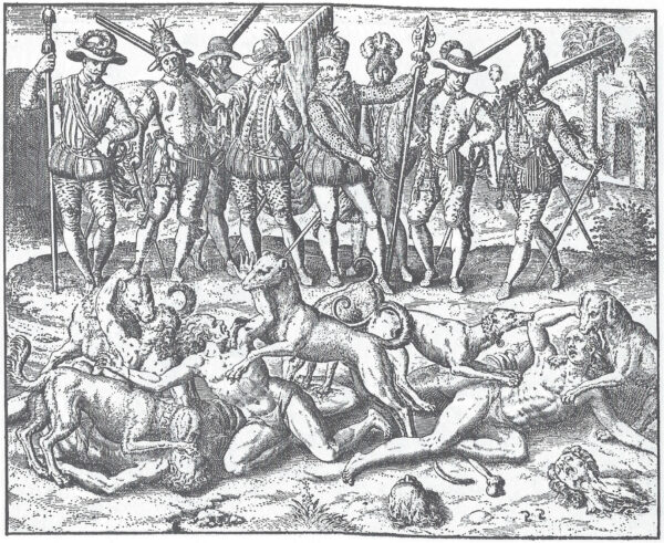 Grabado que muestra a personas condenadas a ser devoradas por perros.