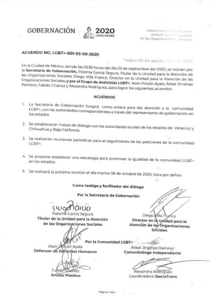 Acuerdo firmado por rerpesentantes de Segob y activistas LGBT+