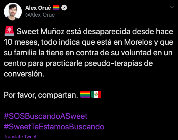 Publicación en Twitter que denuncia el caso de Swettie, quien podría estar recluida en una clínica de terapias de conversión.