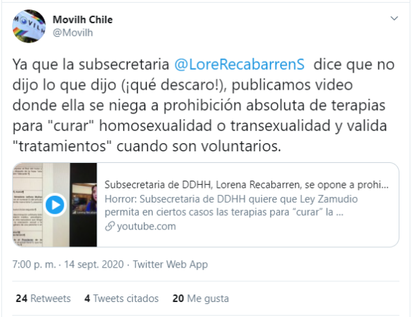 La organización Movilh Chile reprochó las declaraciones de Renata Recabarren sobre 'terapias de conversión'.