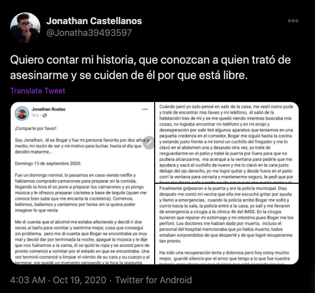 post twitter denuncia exnovio asesinarlo