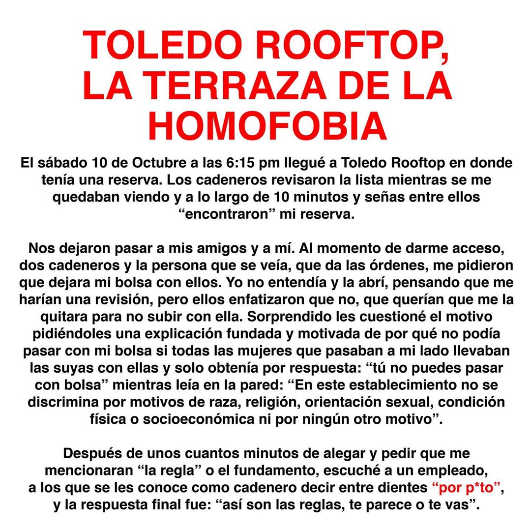 Discriminan a chico bolsa en Toledo Rooftop