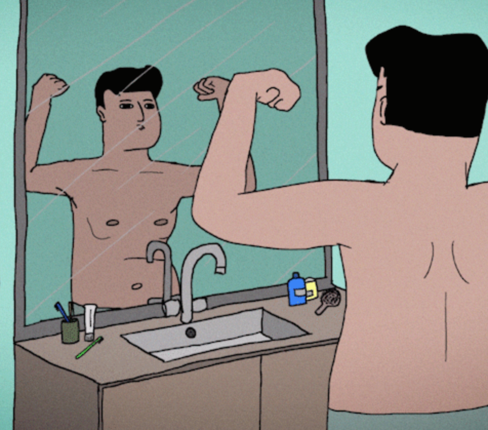 Hombre reflejo en espejo