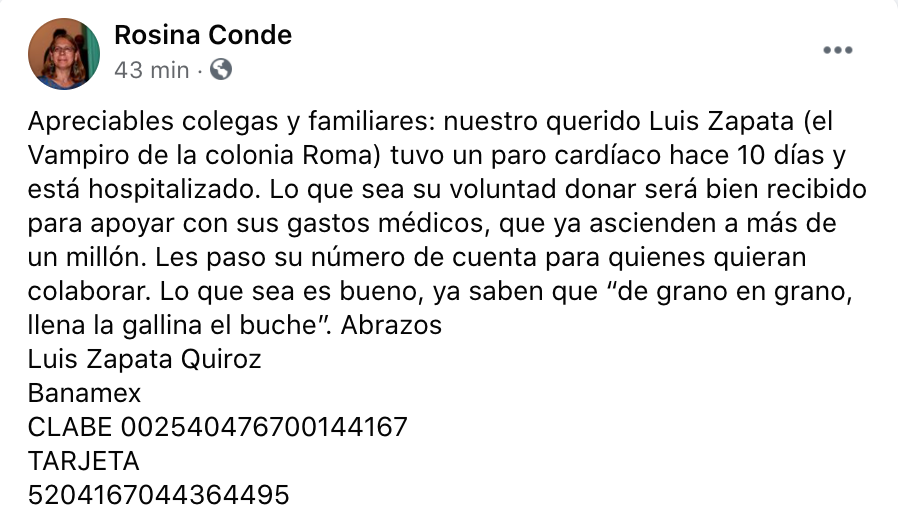 Luis Zapata hospitalizado apoyo donaciones