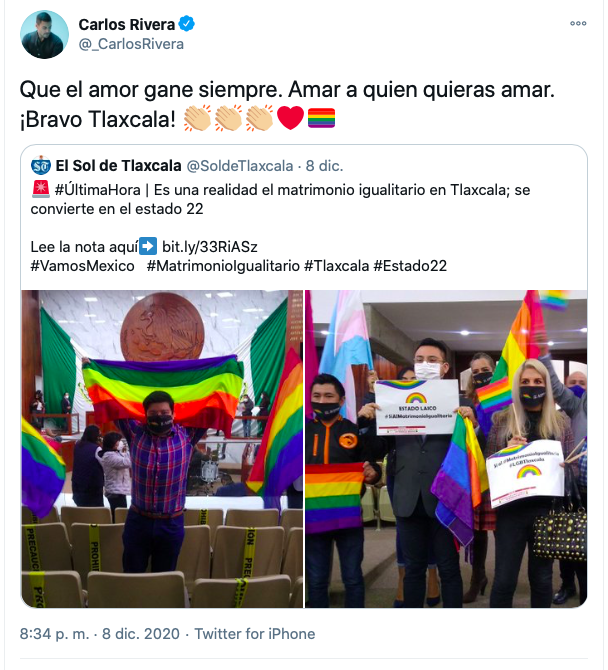 Carlos Rivera está feliz por la aprobación del matrimonio igualitario en Tlaxcala
