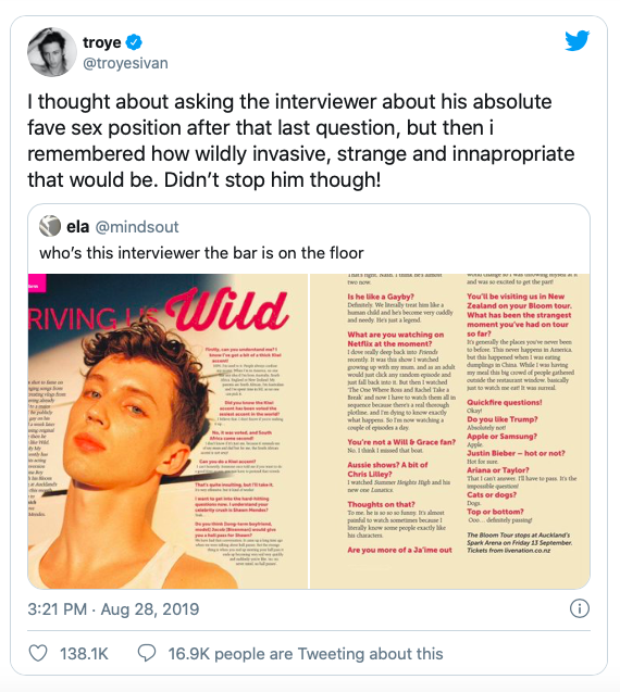 reacciones famosos preguntas incómodas sexualidad Troye Sivan