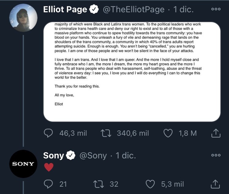 Sony corrige a usuario que no respetó los pronombres de Elliot Page