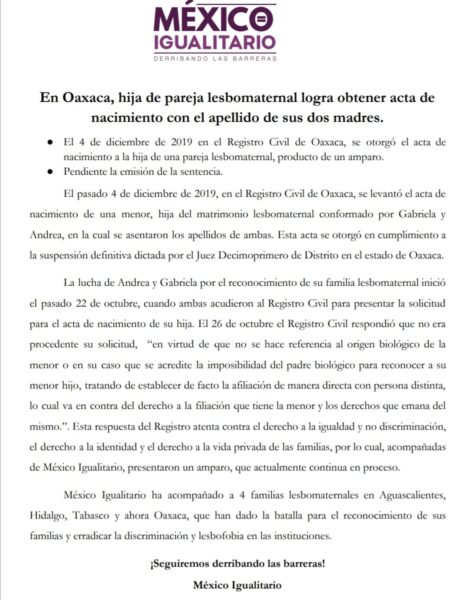 comunicado mexico igualitario oaxaca pareja lesbomaternal acta de nacimiento registro civil
