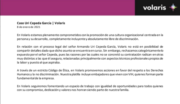 Comunicado Volaris discriminacion VIH