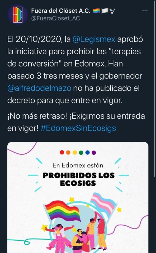 Fuera del Clóset denuncia extravío de Reforma contra las terapias de conversión en Edomex