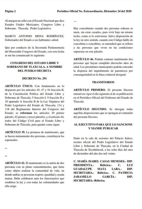 Decreto que oficializa el derecho de las parejas LGBT+ a contraer matrimonio en Tlaxcala
