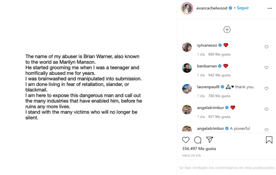 Evan Rachel Wood revela que su abusador es Marilyn Manson