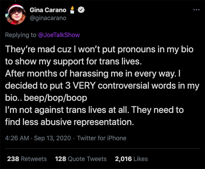 twitter gina carano transfobicos 