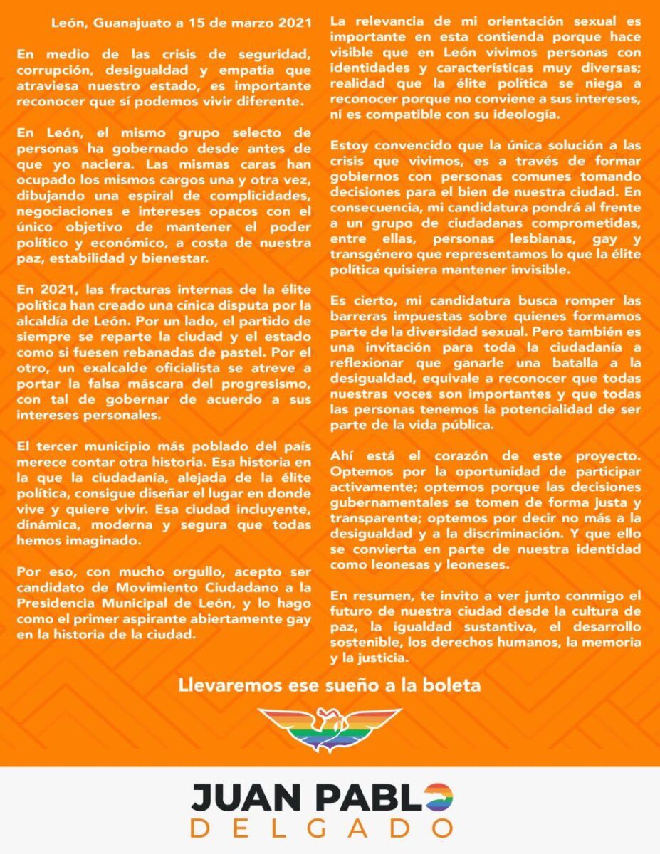 Carta de postulación de Juan Pablo Delgado