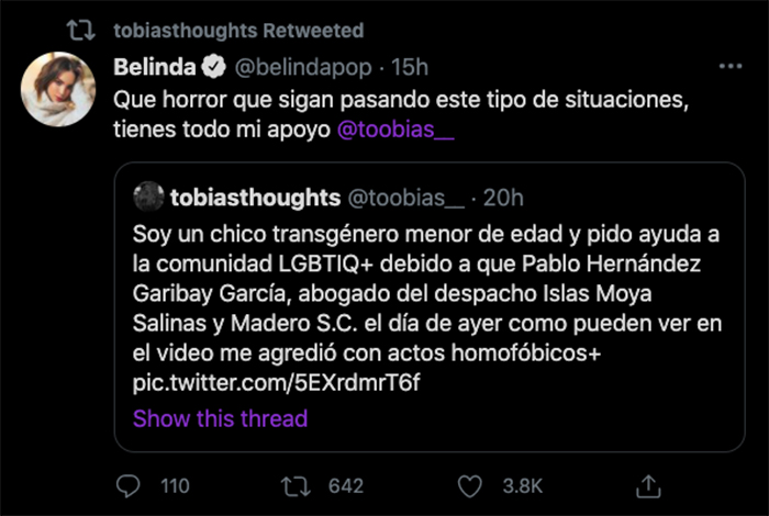 belinda twitter mensaje transfobia