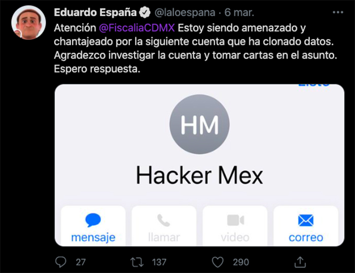 lalo españa denuncia hacker mx