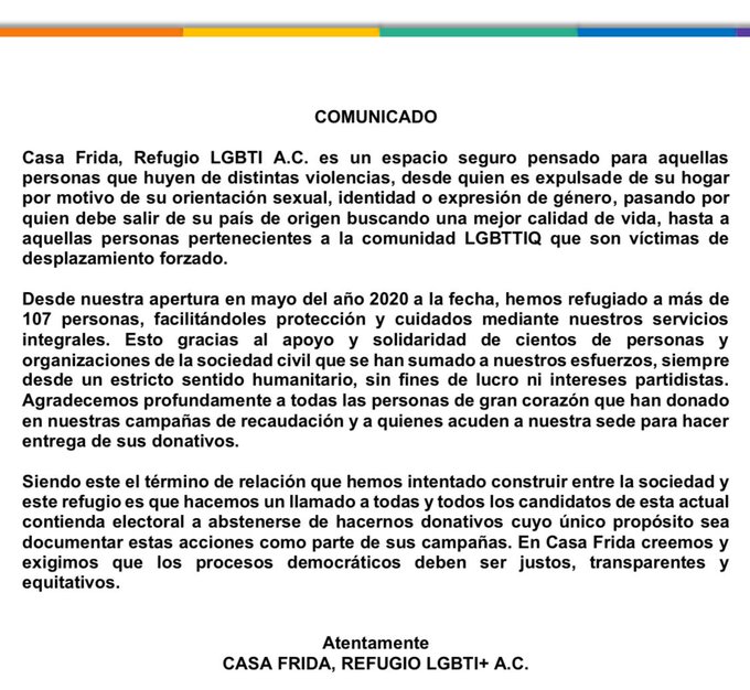 Casa Frida pide a candidatos abstenerse de hacerle donaciones