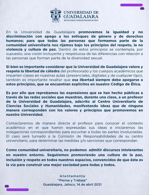 Comunicado de la UDG por caso de profesor homofóbico