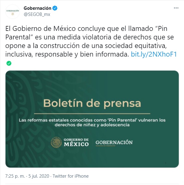 Postura del Gobierno de México sobre el pin parental