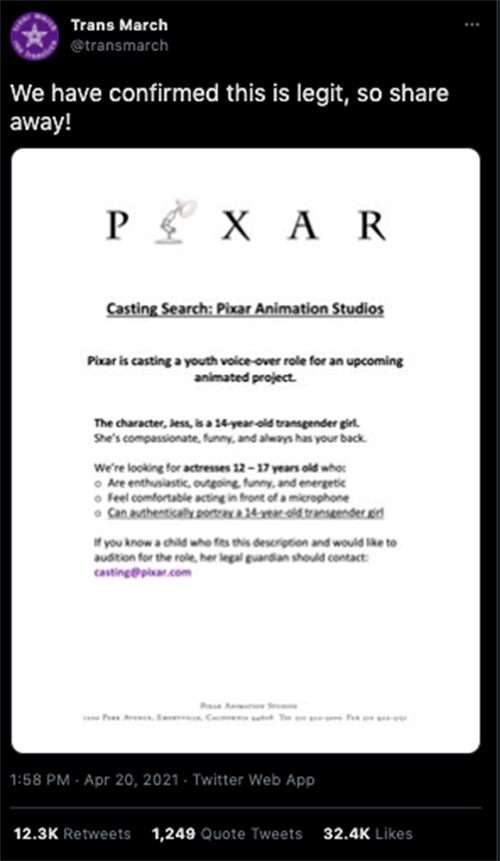 pixar twitter anuncio casting actriz trans