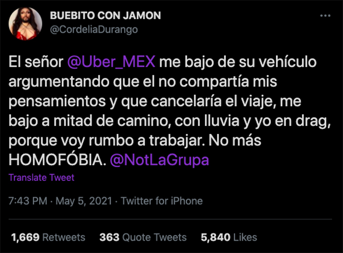 Cordelia durango twitter publicacion uber