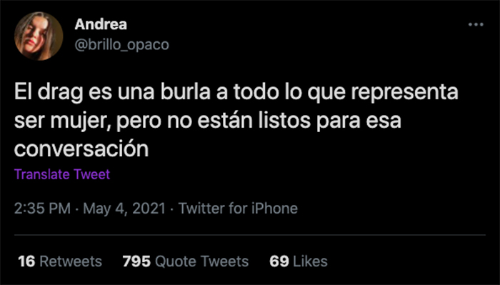 publicacion twitter drag misogino