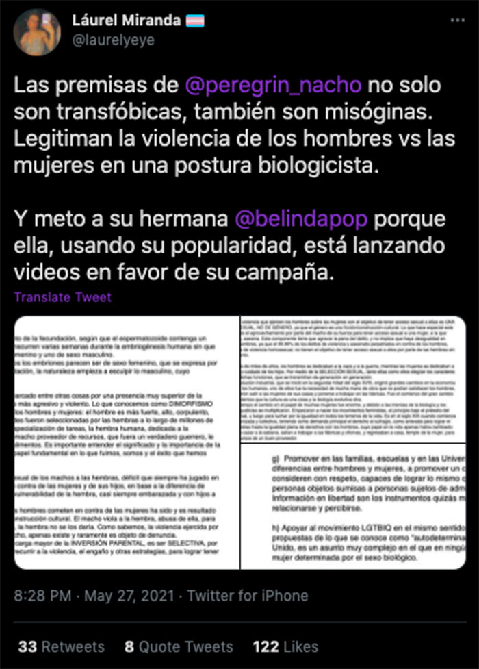 nacho peregrin belinda propuestas transfobicas