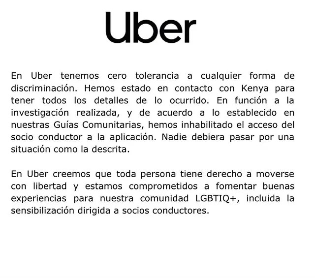Respuesta de Uber por caso de mujeres trans