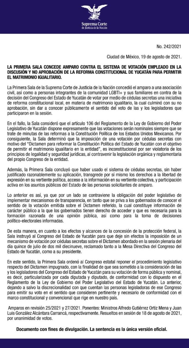 comunicado SCJN matrimonio igualitario