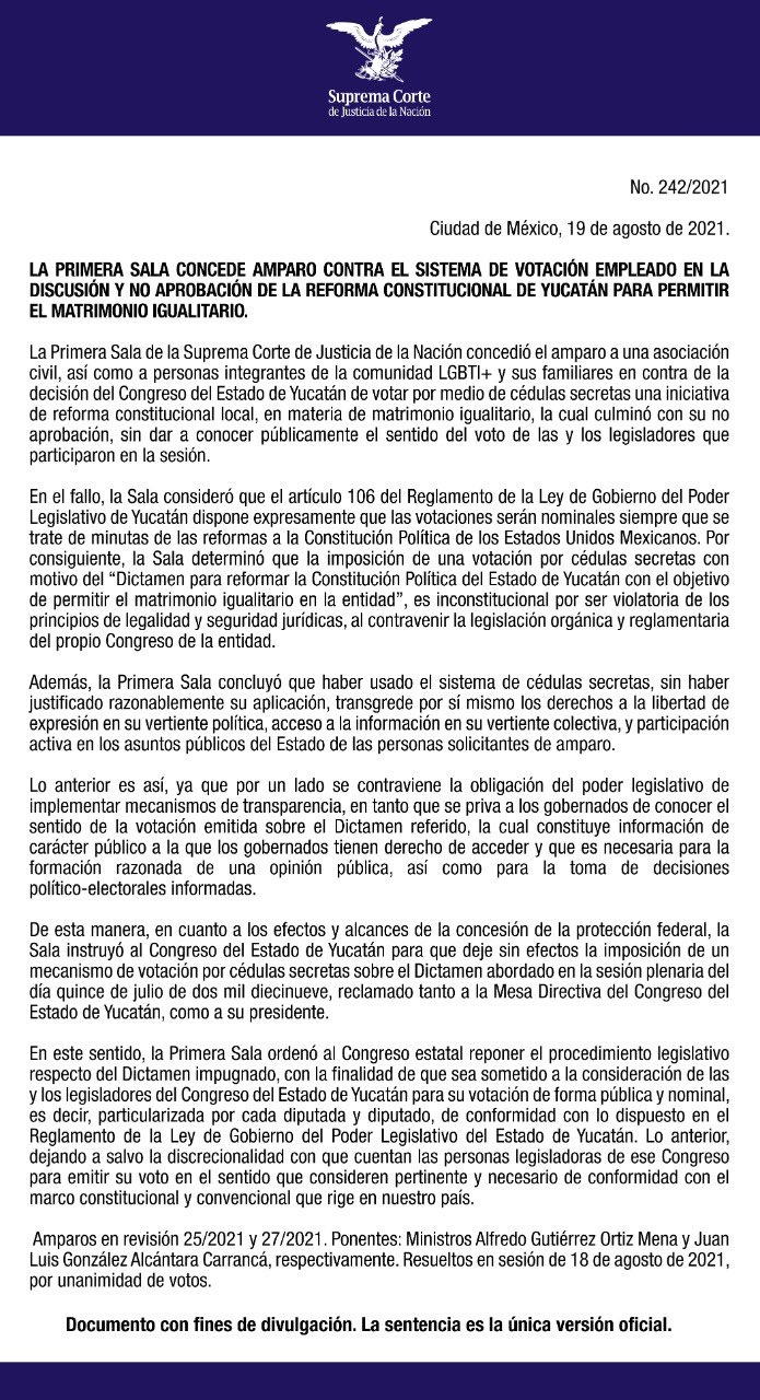 comunicado SCJN matrimonio igualitario