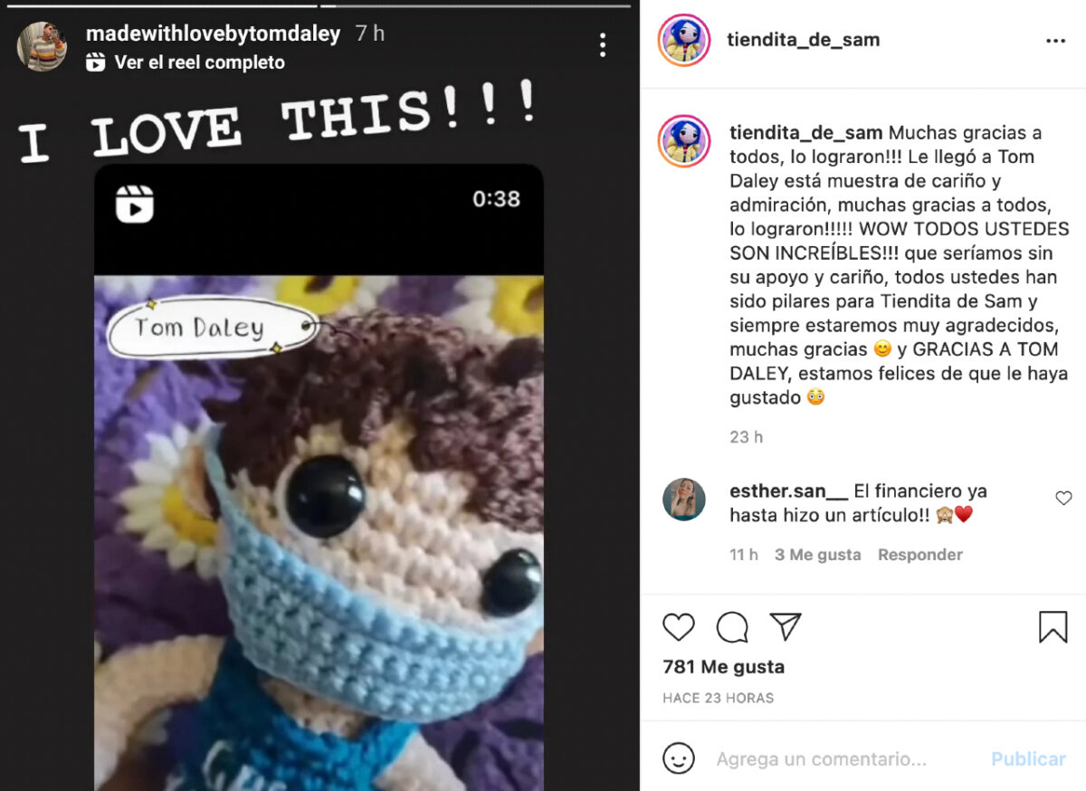 tom daley agradece figura tejida artesana mexicana tiendita de sam